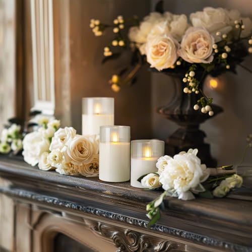 Image of Amagic Glass Flameless Candles with Remote, Battery Operated Candles with Timer, Real Wax LED Pillar Candles with Flickering Flame for Home Wedding Fall Decor, White, Set of 3