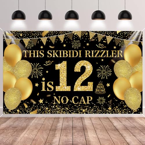 Image of Black Gold This Skibidi Rizzler is 12 No Cap Happy Birthday Backdrop Banner Photography Background Decorations for Boys Girls 12th Year Bday Party Accessories Supplies 72.8 * 43.3in