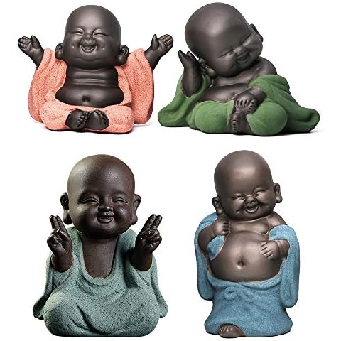 Kingzhuo A Collection of 4 Cutie Buddhas - Red Smiling, Blue Harvest, Green Happy, Gray Joyous Figurines - Adorable Monk Statues - Great Details - Giftable - Multicolor Cover