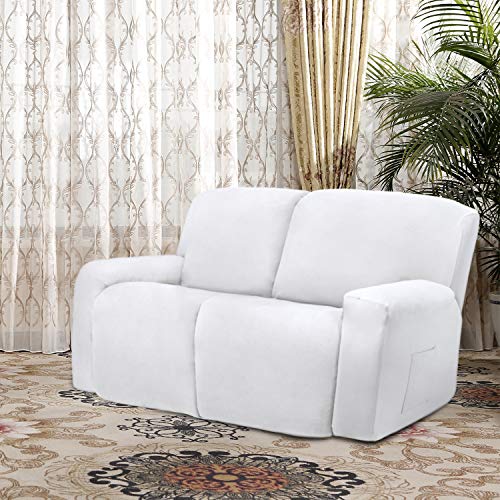 Image of Easy-Going 6 Pieces Microfiber Stretch Sectional Recliner Sofa Slipcover Soft Fitted Fleece 2 Seats Couch Cover Washable Furniture Protector with Elasticity for Kids Pet(Recliner Loveseat,Snow White)