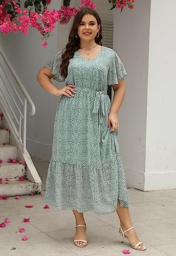Image of Nemidor Plus Size Women Casual Maxi Dresses Print Bobo Belted Layered Chiffon Summer Long Dress with Ruffle Sleeve