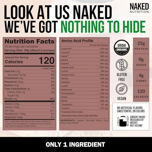 Image of NAKED Rice 1Lb - Organic Brown Rice Protein Powder - Vegan Protein Powder, GMO Free, Gluten Free & Soy Free. Plant-Based Protein, No Artificial Ingredients - 15 Servings