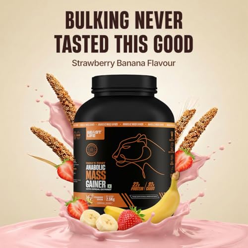 Image of BeastLife High Protein Mass /Weight Gainer | 2.5 KG | Strawberry Banana | NABL LAB Tested | For Muscle Gain & Fast Growth | Cereal-Based Formula, No Maltodextrin | India's #1 Cereal Based Bulk Gainer