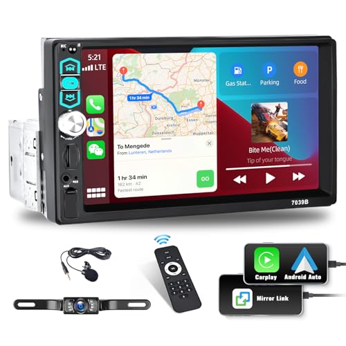 CAMECHO 1 DIN Apple Carplay Android Auto Radio Coche, 7 Pulgadas de Pantalla Táctil Autoradio con...