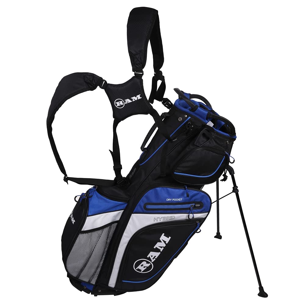 Ram Golf Hybrid Stand/Trolley Golf Bag with 14 Way Divider, Black/Blue