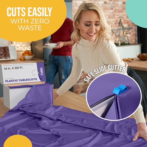 Image of Exquisite 54 in x 300 Ft Purple Plastic Table Cover Roll - Heavy Duty Disposable Tablecloth Roll with Slide Cutter, Waterproof Table Cloth for Party, Wedding, Banquet, Picnic, Purple