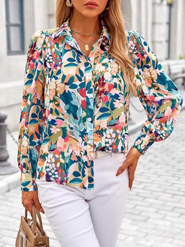 PRETTYGARDEN Women's Floral Blouses Dressy Casual V Neck Button Down Shirts Lantern Long Sleeve Boho Chiffon Fall Tops 20252