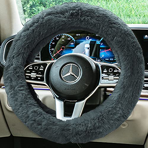 Image of FH Group Universal Fit Doe16 Faux Rabbit Fur Cozy Steering Wheel Cover fits Most Cars, SUVs, Trucks, and Vans, Ultimate Protection Gray