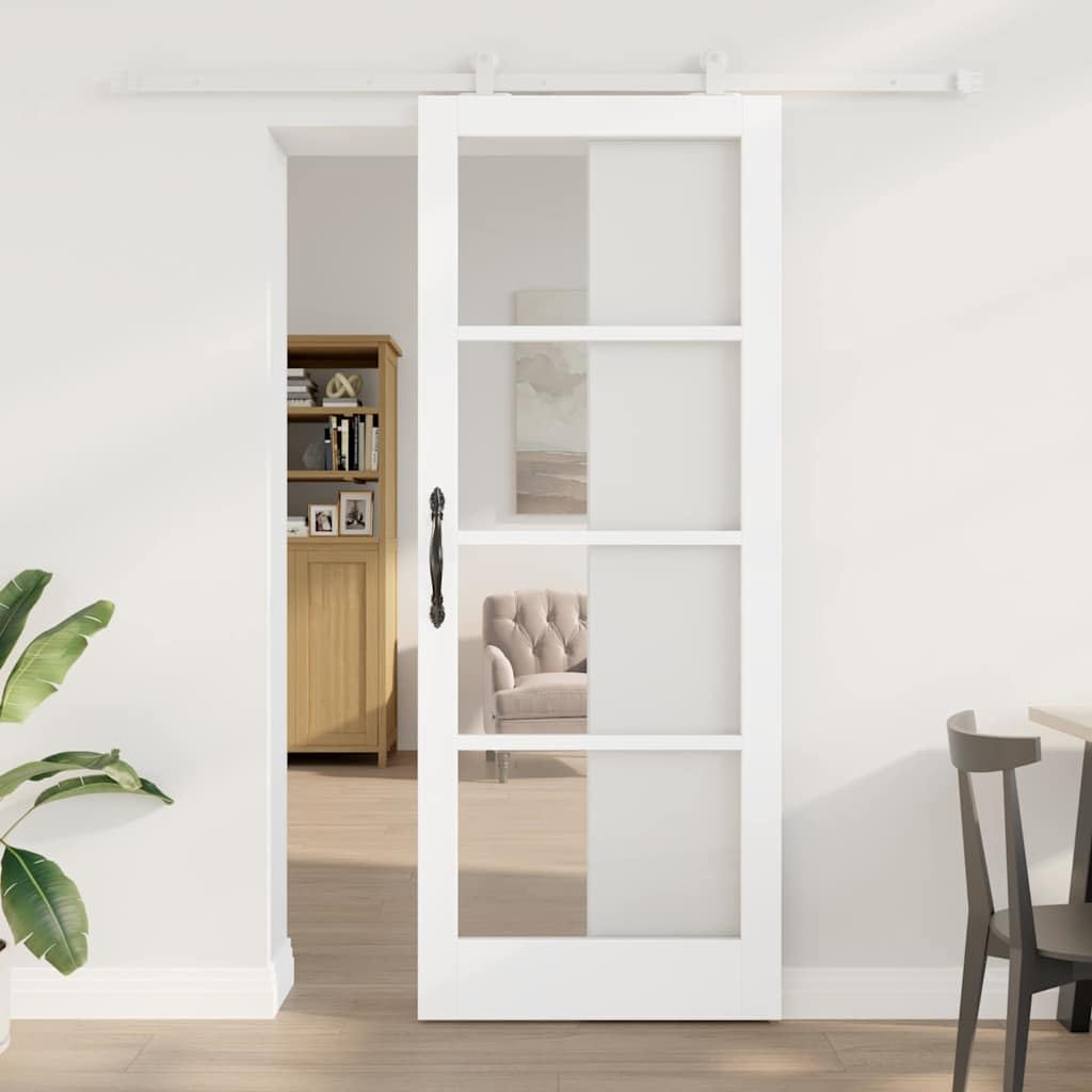 Puerta corredera ORKDAL blanca 83x211cm de madera maciza de pino y vidrio, interior para salón, dormitorio, cocina o garaje, deslizamiento silencioso, transmisión de luz y privacidad