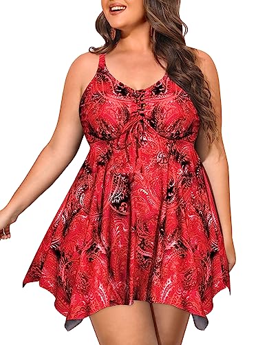 NIeyook Women Plus Size Tankini Swimsuit 2025 Two Piece Tummy Control Bathing Suits for Women with Boyshorts 22W Red Paisley