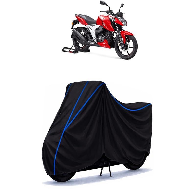 Image of TVS Apache RTR 125 cc Bike Cover Water Resistant Universal Motorcycle Rain | Heavy Duty UV Protection, Dust, Scratch Indoor Outdoor All Weather with Black Blue Piping Elastic