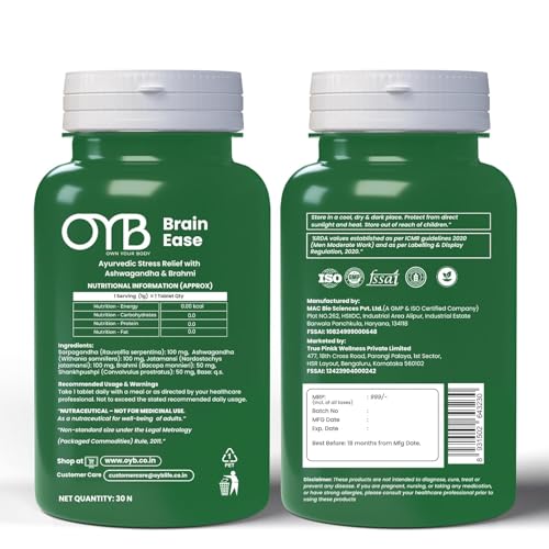 Image of OYB Brain Ease - Stress Relief & Mind Wellness Supplement with Ashwagandha, Brahmi, Jatamansi, Shankhpushpi & Sarpagandha | Ashwagandha & Brahmi Supplement for Men & Women | 30 Tablets