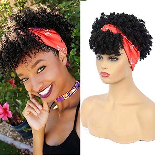 Afro Puff with Headwrap Wigs 2 in 1 for Black Women High Puff Headband Wigs with Bangs Afro Kinky Curly Wigs for Black Women Synthetic Short Curly Headwrap Turban Wigs with Red Scarf(J235)