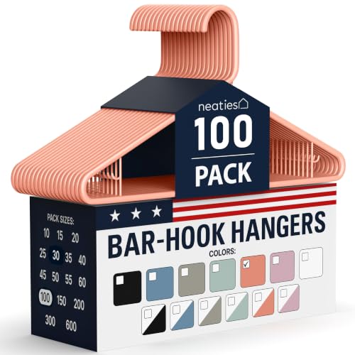 Neaties Plastic Hangers 100 Pack – Made in the USA – 6lb Capacity Standard Clothes Hangers with Strap Hooks for Dresses, Lingerie, Shirts, Pants, and Jackets – Peach