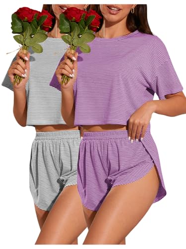 Image of OYOANGLE 2 Pack Pajama for Woman Set Summer Cute PJ Sets Striped Short Sleeve Tshirt and Split Shorts Lounge Set