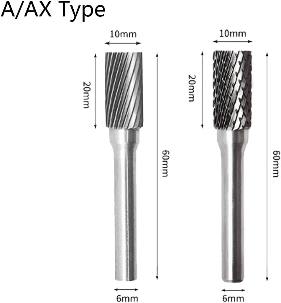 1/4" Shank 10mm Aluminum Cutting Burr, End Flat Cylindrical Shape Double/Single Cut Tungsten Carbide Burs for Rotary Tools, Drill (A/AX)