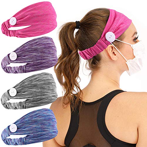 Button Headbands 4 Pack for Women Nurses, Cute Fashion Sweatbands Yoga Workout,178E