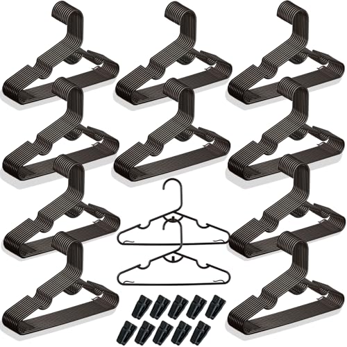 Image of 100 Packs Baby Hangers for Closet Plastic Baby Clothes Hangers with Clips for Nursery Kids Hangers for Closet Organizer, Stack-able Hangers for Newborn, Infant, Toddler, Children, Space-Saving, Black