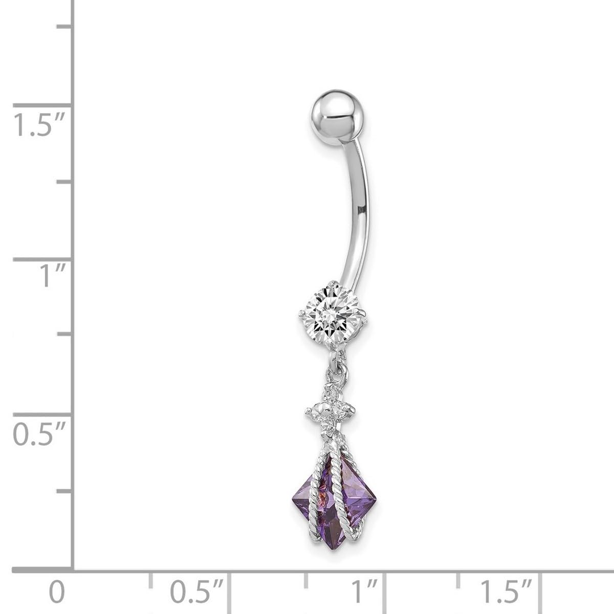 Bauchnabelpiercing aus 10 Karat Weißgold, strukturiert, poliert, offene Rückseite, mit baumelndem 6 mm quadratischem Amy-Zirkonia, künstlicher Diamant, Bauchnabelpiercing, baumelnder Schmuck für
