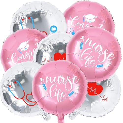 JarThenaAMCS 24Pcs Nurse Graduation Balloon 18 Inch 2026 Congrats Grad Party Decoration Large Foil Balloons Pink Silver Nurse Life Balloons for Medical School Classroom