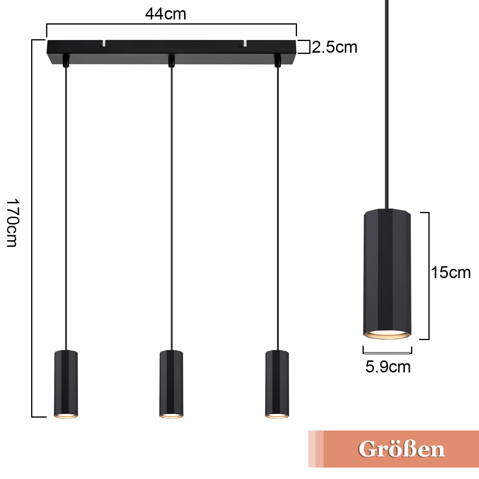 Glitzerlife Lampada a sospensione GU10 Nero Lampadario a Soffitto 3 Luci | Con Cavo Regolabile per Bar Ristorante Sala da Pranzo Isola Industriale in Metallo per Cucina Bar (Senza lampadina)