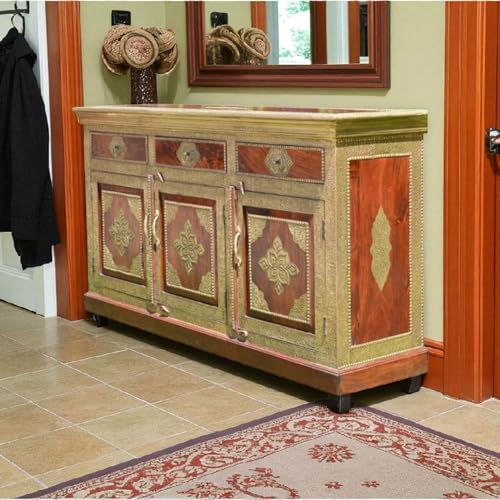 Image of APRODZ Hand-Painted Solid Wood Sideboard Cabinet with 3 Doors & 3 Drawers | Antique Brass Wooden Storage Cabinet for Bedroom Living Room & Kitchen | Crockery Cabinet, Kitchen Storage, 54x16x32