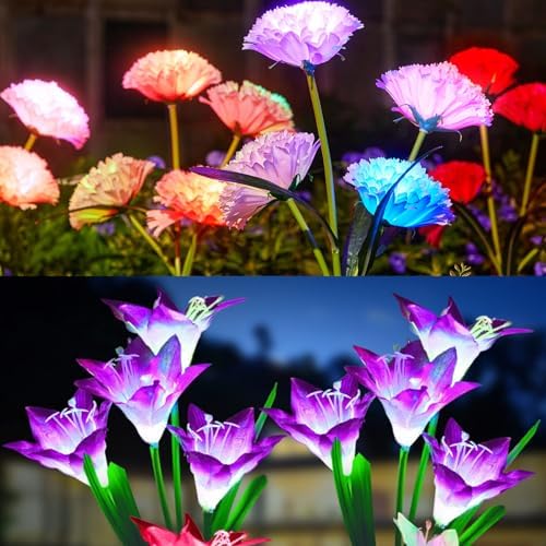 KOOPER 4 Pack Carnation Outdoor Solar Flower Lights + 4 Pack Solar Lily