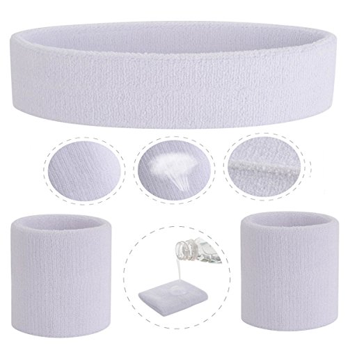 Image of ONUPGO White Sweatband Set Sports Headband Wristband Set Sweatbands Terry Cloth Wristband Wrist Sweatband Headbands Moisture Wicking Sweat Absorbing Head Band