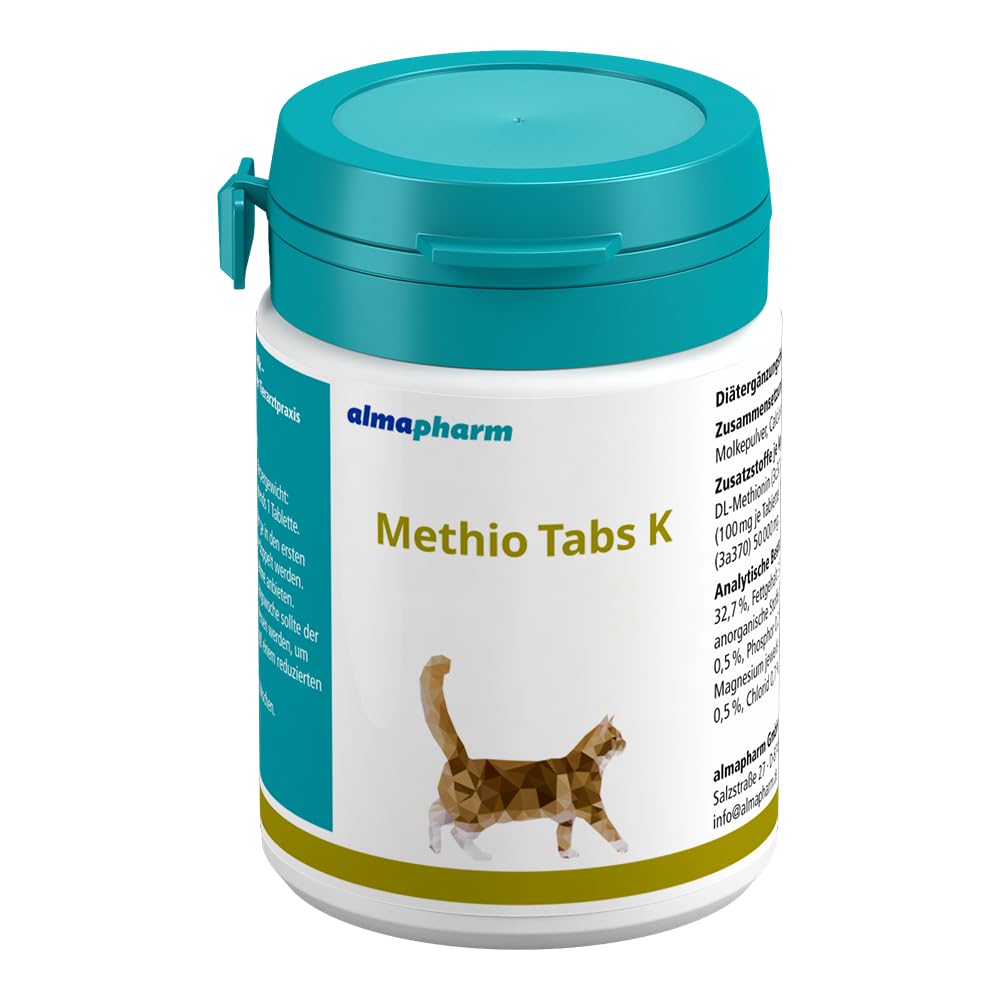 Almapharm Methio Tabs K | 200 Tabletten | Ergänzungsfuttermittel für Katzen | Vitalstoffe zur Ansäuerung des Harns | Zur Unterstützung bei Harnwegsproblemen | Mit Methionin