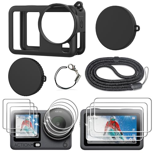 FiTSTILL Silicone Rubber Case+3Pack Tempered Glass Protector Compatible for DJI Osmo Action 6 Rubber Case&Lens Caps&Screen Protectors&Lanyardfor Protective Full Cover Shell Action6 Accessories Kit