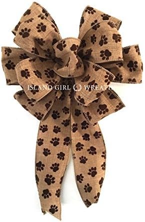 Paw Print Ribbon Wreath Bow, Pet Wreath Bow, Paw Print Ribbon Dêcor, Paw Print Ribbon, Brown Paw Print Ribbon, Burlap Paw Print Ribbon.