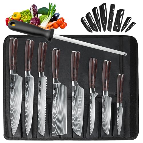 MDHAND Küchenmesser Set，8-teiliges professionelles Messerset mit Rolltasche, Extrem Scharf Profi Kochmesser Set mit Ergonomischen Pakkaholz Griffen...