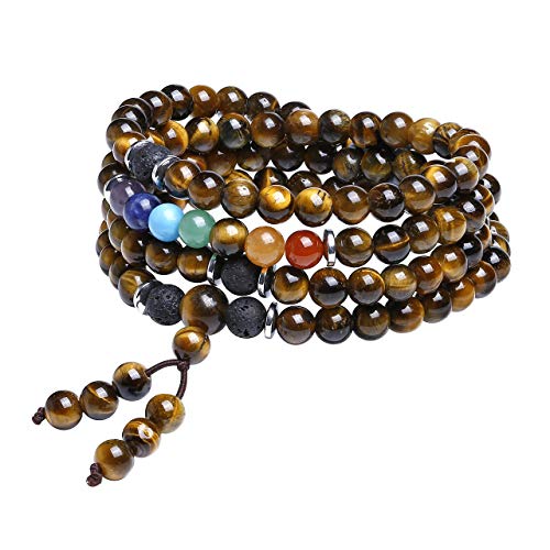 Top Plaza 108 Mala Prayer Beads Yellow Tiger Eye Stone Stretch Bracelet 7 Chakra Healing Crystal Gemstone Multilayer Wrap Bracelets Yoga Meditation Reiki Quartz Jewelry for Womens Mens