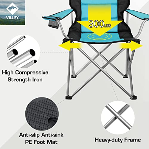 Villey Camping Chairs, Padded Folding Chair, Outdoor Portable High Camp Chair, Foldable Outside Arm Chair With Cup Holder & Carry Bag, Blue #TOP3