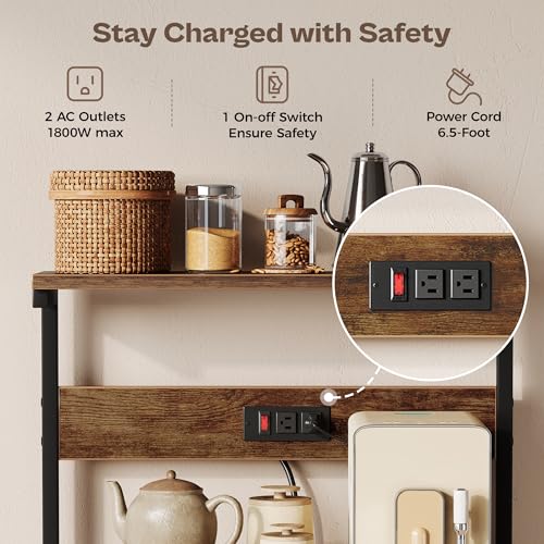 SUPERJARE Kitchen Bakers Rack with Power Outlet, Coffee Bar Table 4 Tiers, Kitchen Microwave Stand with 6 S-shaped Hooks, Storage Shelf Rack for Spices, Pots and Pans - Rustic Brown: Home & Kitchen - view 2