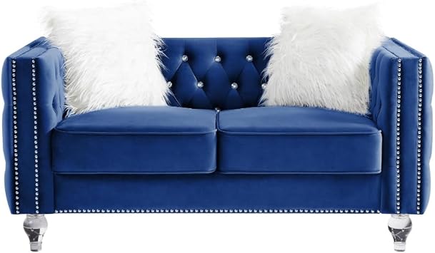 Beige, Two-Seater Sofa, Velvet Crystal Buckle Upholstery Sofa, Crystal Feet, Removable Cushion, Two Plush Pillow