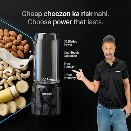 Image of BlendLife GO Portable Blender Juicer Mixer, 420ml, Proudly Made in Bharat, 32 Blades, 7.4V & USB-C Rechargeable 2000mAh Battery, BIS Certified, Includes FREE Extra Jar, BPA-Free (Camo Black)