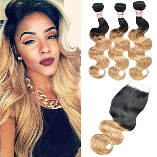 Ombre Peruvian Hair Weaving 8A Grade Human Virgin Hair 3 Bundles With 4x4 Free Part Lace Closure 2 Tone Color Blonde Hair 1b/27 Body Wave Hair Extension(101012+10closure)