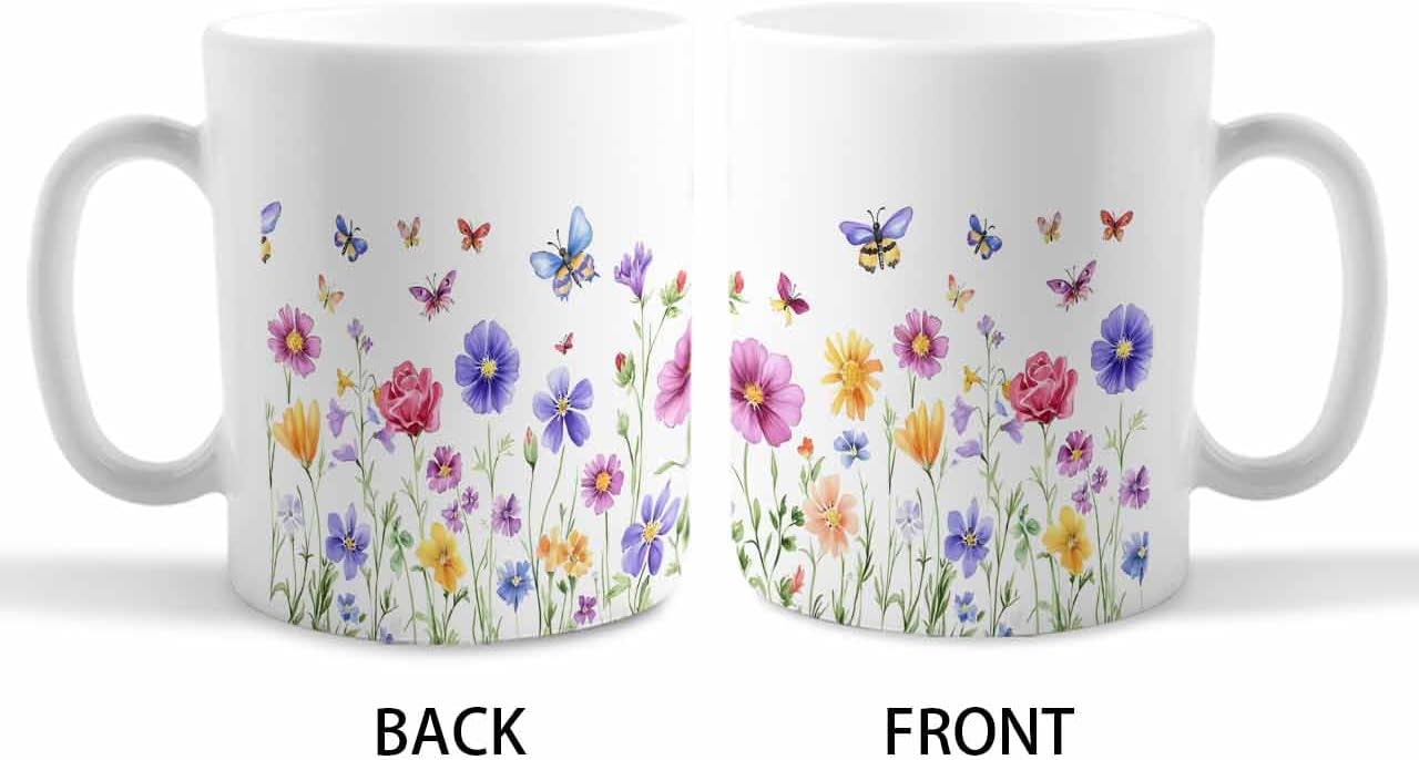 BEMIGO Ceramic Coffee Mug Flower Butterfly Ceramic Mug White Cup, Watercolor Purple Insulated Coffee Cup with Handle with Pattern Perfect for Tea and Hot Beverages, 12oz
