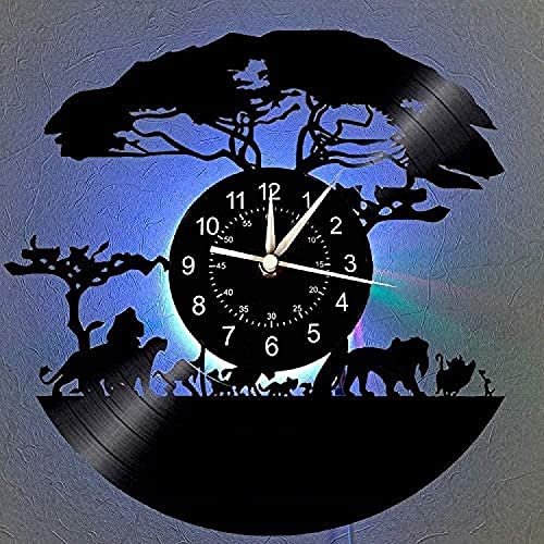 Qianzhou-Uk Led Vinyl Recod Wall Clock African Animals Safari 7 Color Night Lamp Retro Wall Clock, South African Animal Gifts Handmade Home Wall Decor For Living Room Bedroom (B-Led) #TOP28