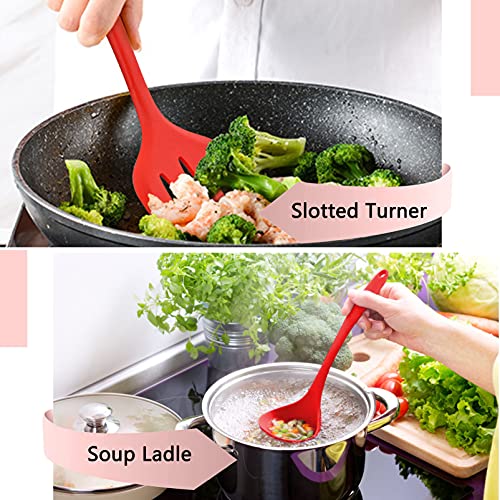 Teamfar Kitchen Utensils, 7 Pcs Silicone Cooking Baking Utensil, Non-Stick Kitchen Gadgets With Ladle Spatula Spoon Turner Pasta Server, Non-Toxic & One Piece, Heat Resistant & Dishwasher Safe-Red #TOP3