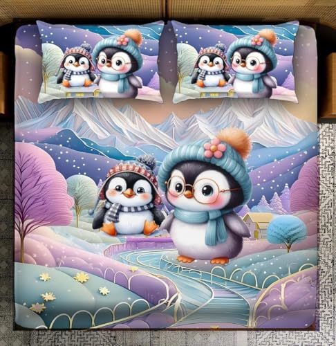 Image of Digital Printed Heavy Quality Glace Cotton 7D Bedsheet for Double Bed, 90 inch x 100 inch Flat Bedsheet with 2 Matching Pillow Covers, 300 TC (Baby Penguin)