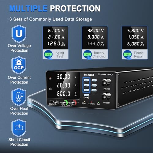 Image of NICE-POWER DC Power Supply Variable, 30V 20A 600W High Power Bench Power Supply for Battery Charging, Adjustable Switching Regulated Power Supply with OCP, Memory Storage, Output Switch, Lock Button