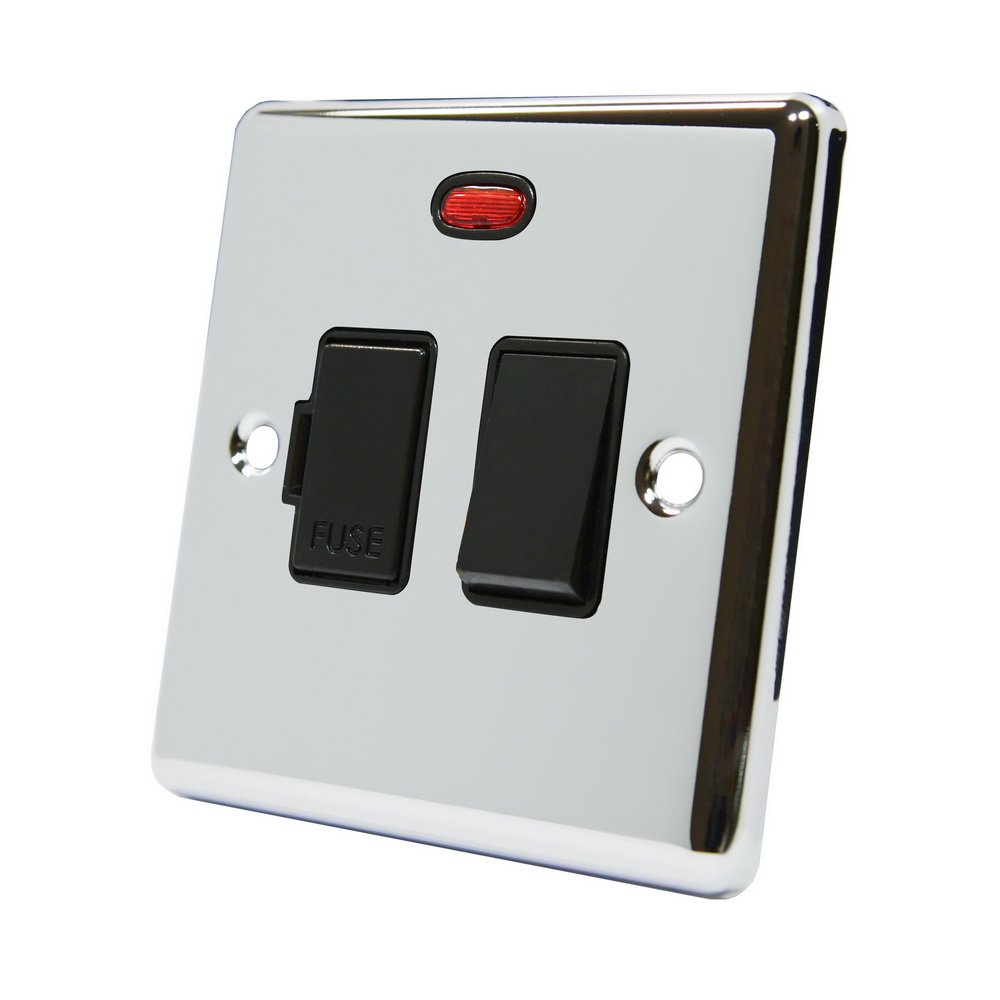 AET CPCSFNBL 13 A Classical Chrome Polished Fused Switched Connection Spur Unit with Neon Indicator and Black Insert Plastic Rocker Switch