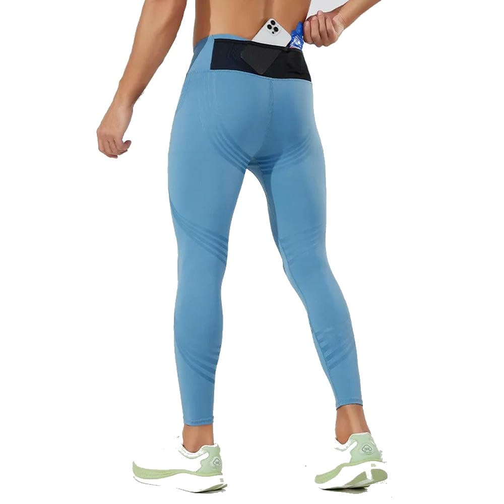 DYRBF - Leggings a compressione da uomo a vita alta con tasche, per corsa, basket, palestra, allenamento, nero, blu, blu navy, grigio