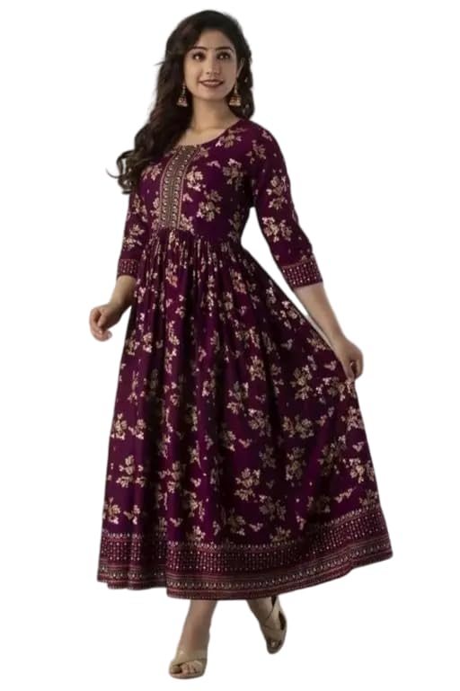 Raj Fashion Women's 3/4th Sleeves Round Neck Floral Foil Printed Calf Length Flared Pleated Wine Ethnic Gown-picture-41
