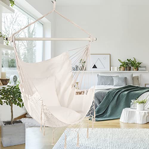 HBlife Hammock Chair Large Hanging Rope Swing Seat Chair with Pocket Max 350 Lbs Superior Comfortable for Indoor Outdoor Home Bedroom Garden, Seat Cushions Not Included (Beige) by HBlife - Image 2