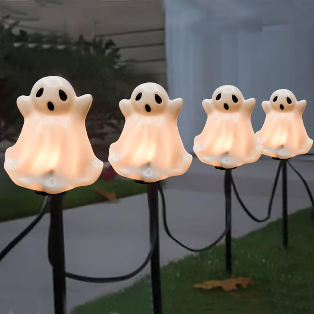 Halloween Ghost Pathway Lights Outdoor, Set of 4 Ghost Halloween Stake Path Lights with C7 LED Bulbs for Outdoor Yard Walkway Garden Party Decoration White Ghost