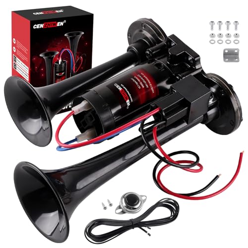 Cenzhiwen Air Horn for Car/Trucks, 150dB Super Loud Train Horn,with All-in-One 12V Air Compressor,Car Horn-Universal Fit for Any 12V SUV/Motorcycle/Trucks/Pickup/Boats (black with button)