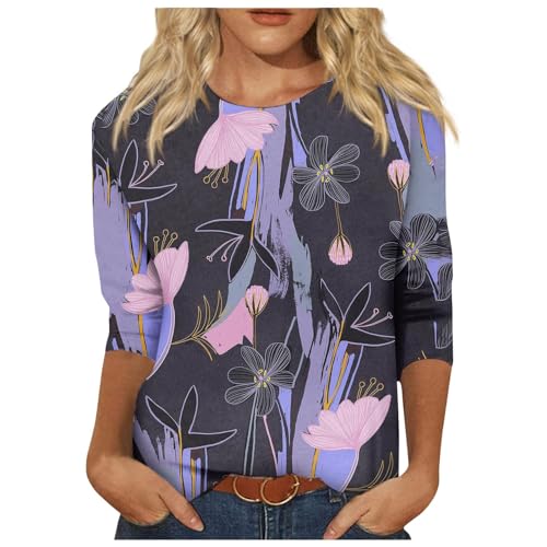 HTHLVMD Womens 3/4 Length Sleeve Tops 2025 Fall Fashion Floral Print Crewneck Causal Trendy Tunic Tops for Women